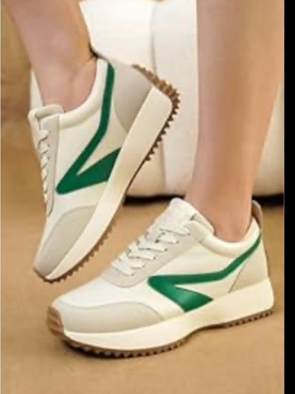 Women’s Cream and Green Retro Trainer Sneakers